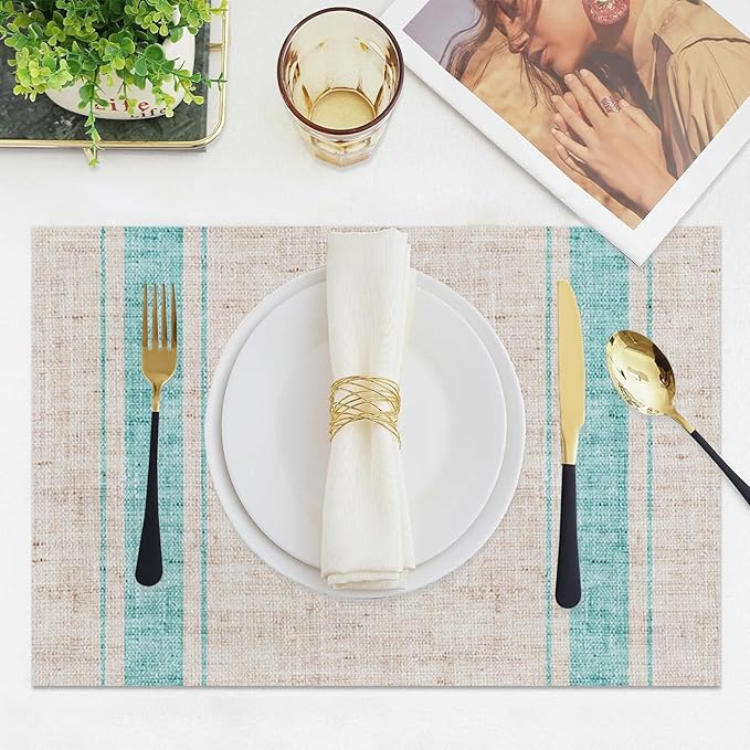 CSFOTO Modern Minimalist Line Decorative Placemats Set of 4 Heat-Resistant Non-Slip Kitchen Table Mats Khaki Woven Rectangle Placemats for Dining Table 18"x12" Washable, Light Blue Stripe