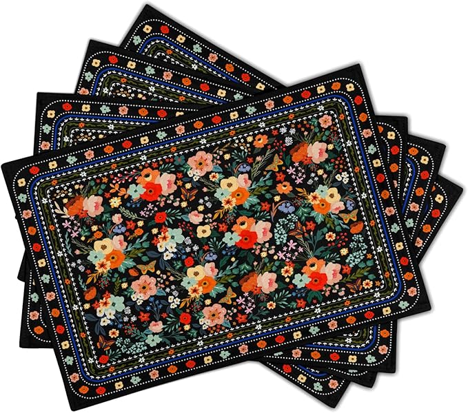 Vintage Flowers Linen Placemat Set Black Wildflower Table Mats for Home Kitchen Dining Decoration 12 X 18 in Floral