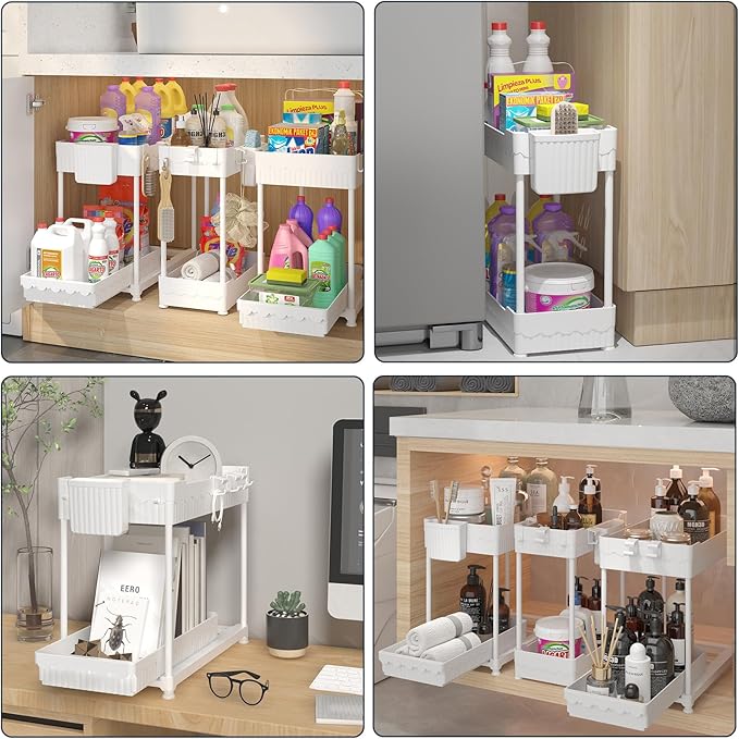 Sevenblue 3 Pack Under Sink Organizers, 2-Tier Multi-Use Kitchen and Bathroom Organizers and Storage with Sliding Drawers, Bathroom Cabinet Organizer (White, 12.8 Inch)