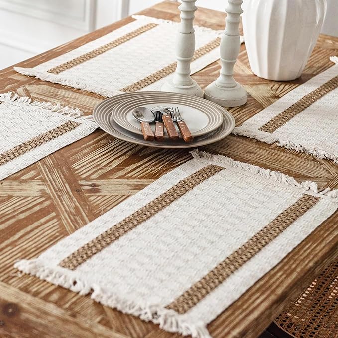 Niviy Boho Placemats Set of 4, 12x18 Inch Natural Cotton Burlap and Kitchen Woven Thanksgiving Placemats with Tassels for Dining Table Centerpiece Home Decorations