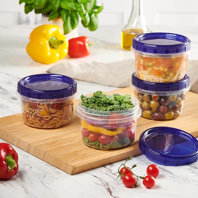 PLASTICPRO 12 Pack Twist Cap Food Storage Containers with Blue Screw on Lid- 16 oz Reusable Meal Prep Containers - Freezer and Microwave Safe Blue Plastic Food Storage