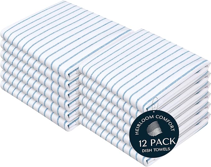 Turquiose Blue Stripe Kitchen Towels, 12 Pack, 100% Cotton, Super Absorbent and Quick Dry, Classic Striped Towel Set, Durable Dish Cloths for Kitchen Use, Cleaning & Drying Dishes