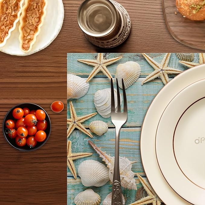 Beach Starfish Placemats Set of 6,Washable Heat Resistant 12×18 Inch Linen Table Mats Coastal Place Mats for Party Outdoor Dining Décor