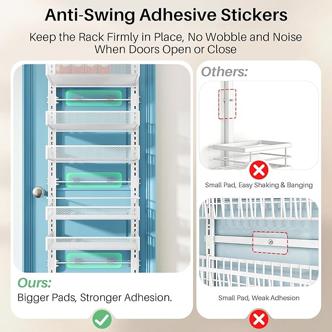 8 Tiers Over the Door Organizer - Height Adjustable Pantry Organizers and Storage with Dense Mesh Baskets, Anti-Swing Hanging Door Spice Rack for Kitchen Bathroom (White, 12.3"W x 4.7"D x 69"H)