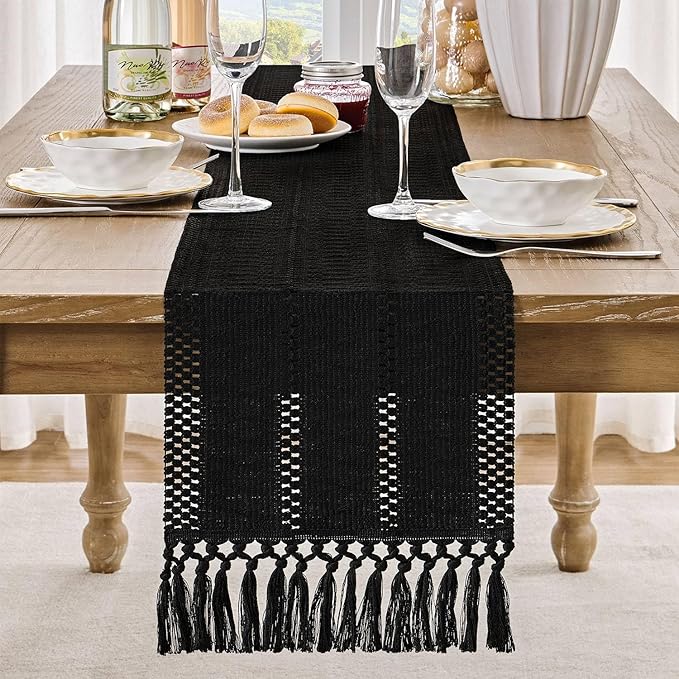 ZeeMart Macrame Style Boho Table Runner, Black Table Runners 108 Inches Long, Farmhouse Woven Home Decor, 12x108 Inch, Black