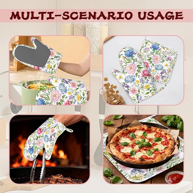 Watercolor Floral Oven Mitts and Pot Holders (4PCS),Wildflowers Heat Resistant Non-Slip Silicone Kitchen Gloves for Cooking, Baking, BBQ Waterproof Kitchen Accessories