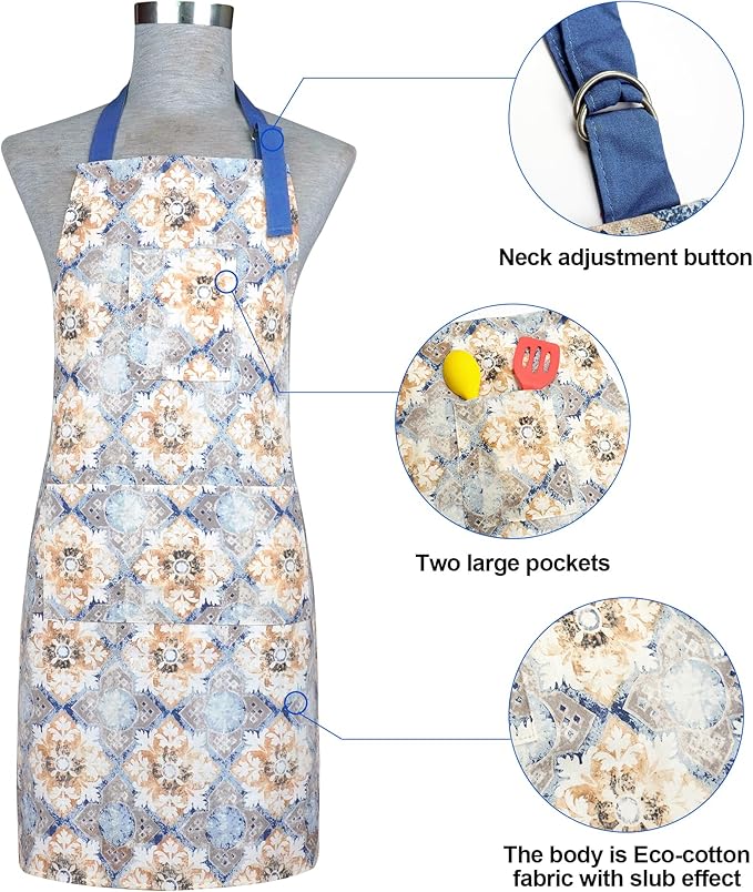 Oven Mitts and Pot Holders with Cooking Apron Set of 5, Heat Resistant Kitchen Gloves and Silicone Non-Slip Potholders, Adjustable Neck Buckle Chef Apron, Cotton Nice Design for Cooking (Blue Retro)