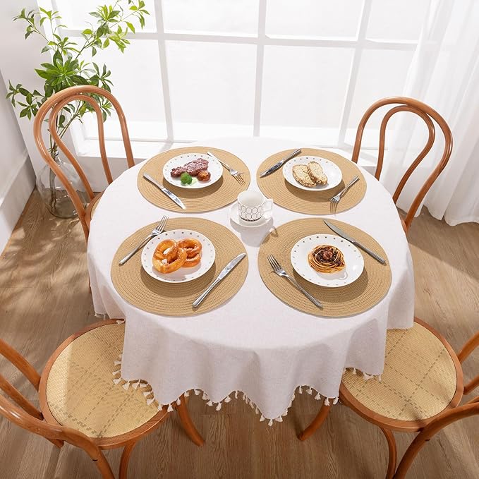 SHACOS 15 inch Round Braided Placemats Set of 4 Cotton Polyester Place Mats Washable Kitchen Dining Table Mats for Dinner Party Table Decor (Camel, 4)