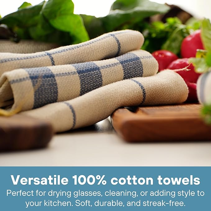 MEEMA Upcycled Spring Kitchen Towels Cotton Fabric | Super Absorbent Hand Towels with Hanging Loop | Cleaning Rags and Dish Towels for Kitchen | Blue Striped | Large 18 x 28 Inch | 4-Pack