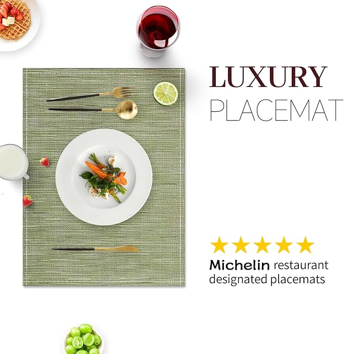 Green Placemats Set of 4, 12x18 Inch Heat-Resistant Washable Easy to Clean Place Mats, Faux Linen Cloth Table Mats Suitable for Indoor/Outdoor Parties & Kitchen Decor (Green)
