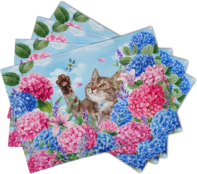 Hydrangea Flowers Cat Spring Placemat Set 12x18 in Seasonal Holiday Table Mats for Party Kitchen Dining Decoration