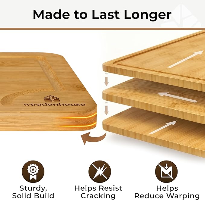 Set of 3 Bamboo Cutting Boards for Kitchen - Thick & Durable Wood Cutting Boards Set with Deep Juice Grooves & Build-in Handles, Large Surface, Easy to Clean – for Meat, Vegetables and Fruits