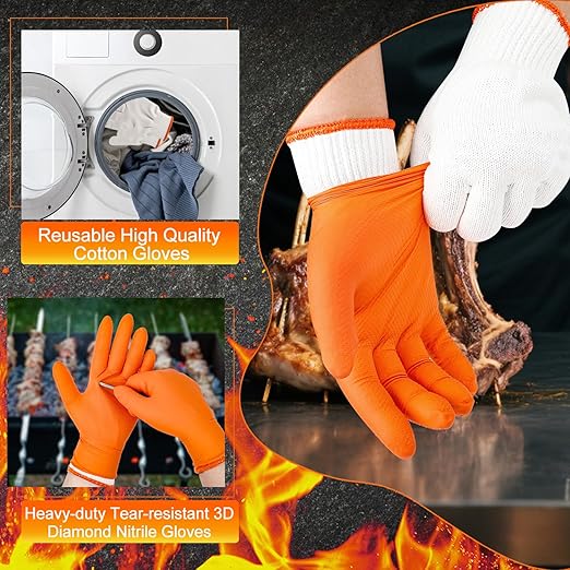 ANBOSON BBQ Gloves for Grilling Disposable Heat Resistant - 100 Nitrile Gloves + 4 Reusable Cotton Liners for Cooking Smoker -Orange XXLarge