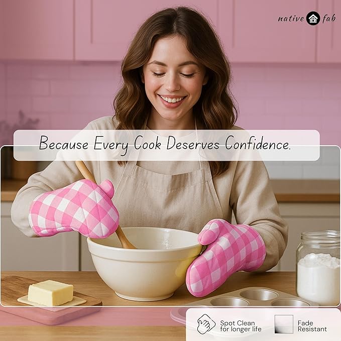 Native Fab Buffalo Plaid Check Oven Mitts and Pot Holders Set of 4, 100% Cotton Heat Resistant Kitchen Gloves, 2 Oven Mitts (7x13), 2 Pot Holders (8x8) for Cooking & Baking, Pink White