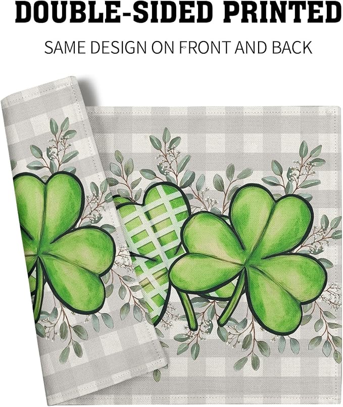 Shamrock St. Patrick's Day Placemats Set of 4 Eucalyptus Leaf Non-Slip Place Mat 12x18 Inch Spring Seasonal Holiday Bufflao Plaid Table Mats for Party Kitchen Dining Decoration