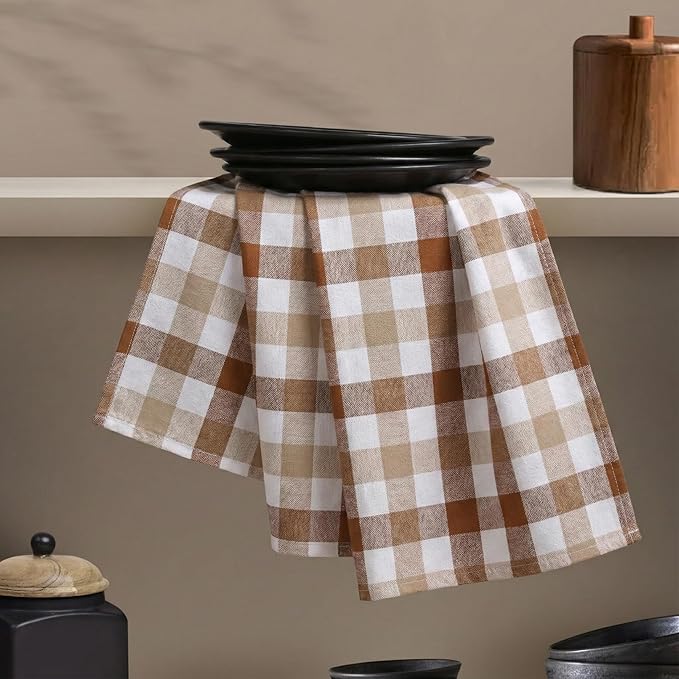 Gingham Check Napkins 12 Pack, 18x18 Inches, Reusable Table Linens, Washable Cloth Dinner Napkins for Rustic Dining, Celebrations, Stylish and Functional - Brown, White, Beige