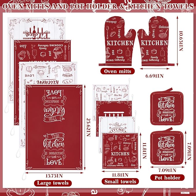Bencailor 12 Pcs Farmhouse Kitchen Decor and Accessories Sets 4 Red Kitchen Towels 4 Absorbent Dishcloths 2 Pot Holders 2 Oven Mitts Gloves for Home Decor Mom Gifts