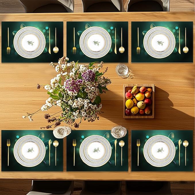 Placemats Set of 6,Green Dragonfly Table Mats,Glass Dragonfly Washable Linen Table Mats,Non-Slip Heat Resistant Placemats for Party Kitchen Dining Indoor Outdoor 12"x18"