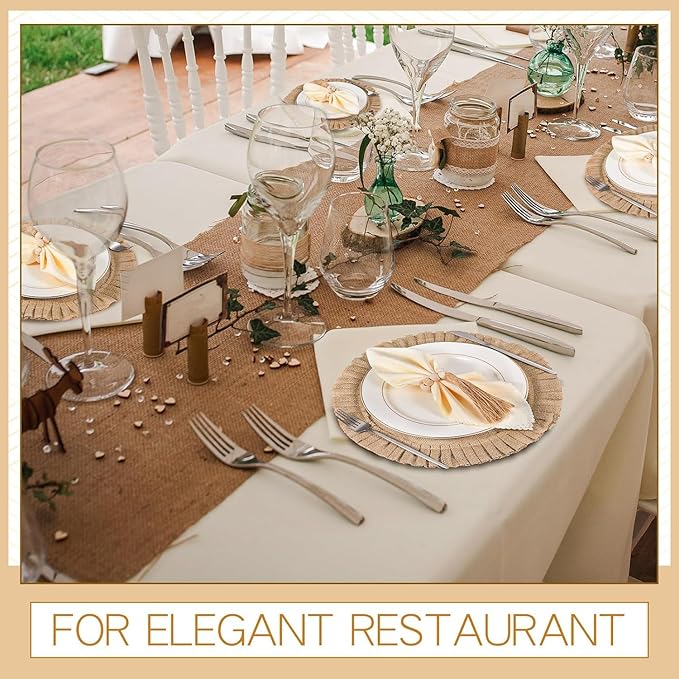 Gejoy 72 Pcs Round Burlap Placemats Wood Bead Napkin Rings with Dinner Napkins Cloth, Jute Heat Resistant Placemats Boho Wooden Rings for Plates Wedding Dining Table