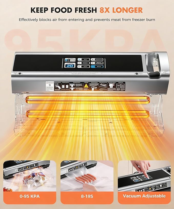 Food Vacuum Sealer Machine, 95KPa Powerful Food Saver with Dry/Moist/External Vacuum Modes, Built-in Cutter & Bag Storage, Single/Double Sealing, 1 Bag & 15 Pre-cut Bags