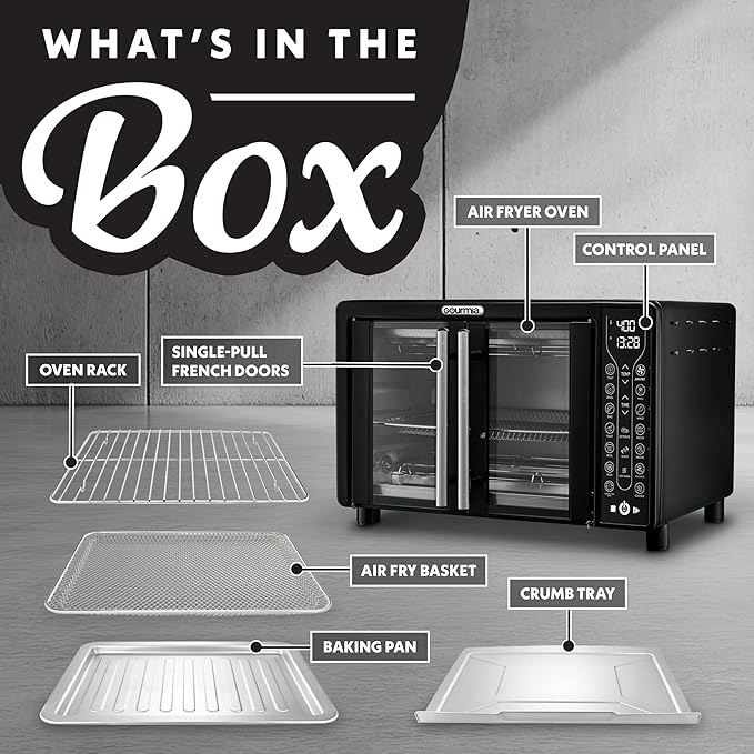 Gourmia French Door Air Fryer – 25 Qt Large Capacity Convection Oven, Fryforce 360°, Digital Display with 17 Cooking Presets, Bake, Toast, Roast, Dehydrate, Fits 12” Pizza