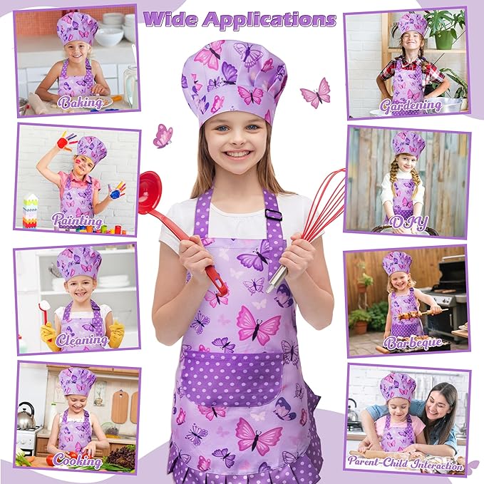 R HORSE Kid Apron and Chef Hat Set - 2Pcs Purple Butterfly Toddler Kitchen Apron for Girls, Adjustable Role Play Costume Pretend Play Toy for Cooking Baking Painting Birthday Gift for Kids Ages 3-6
