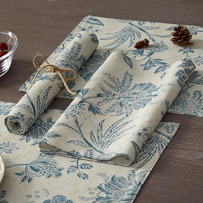 JINCHAN Linen Floral Placemats Set of 4 Cloth Table Mats Rustic Cottagecore Jacobean Outdoor Seasonal for Kitchen Dining Table Decor Washable Tablemats 13x19 Inch Blue