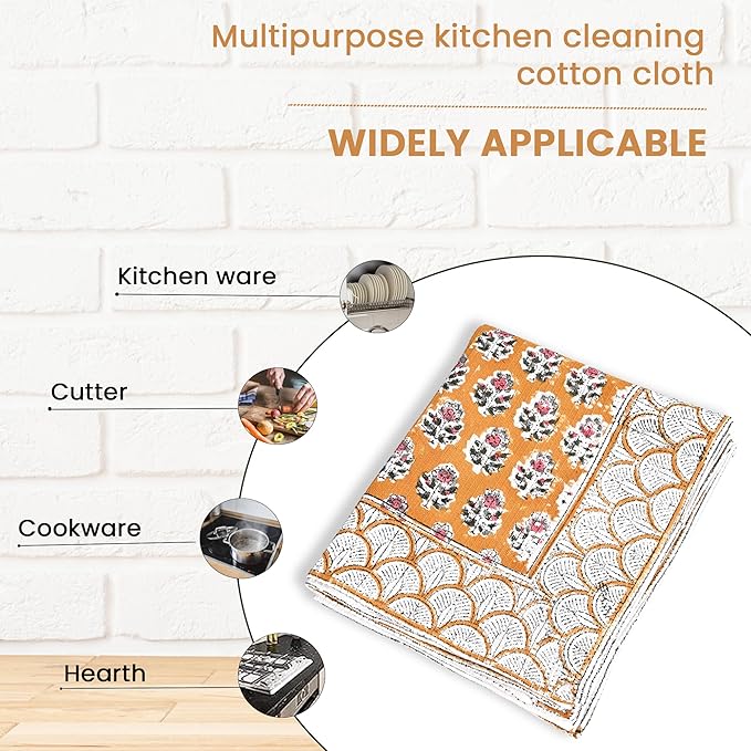 CPC Citrine Yellow Hand Block Print Waffle Kitchen Towel Set of 3-16 x 28 Inch Ultra Absorbent Quick Dry Cotton Dish Towels Lightweight Reusable Sustainable Tea Towels for Cleaning and Drying