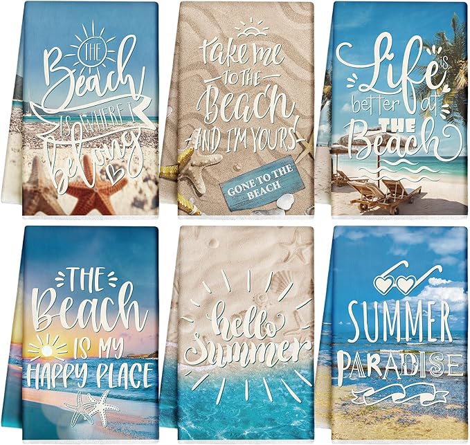 Breling Set of 6 Summer Beach Kitchen Towels Vintage Themed Dish Towel Bathroom Decorative Rustic Cloths Tea Towels for Kitchen Bathroom Home Cooking Housewarming Gifts, 14 x 21 inch