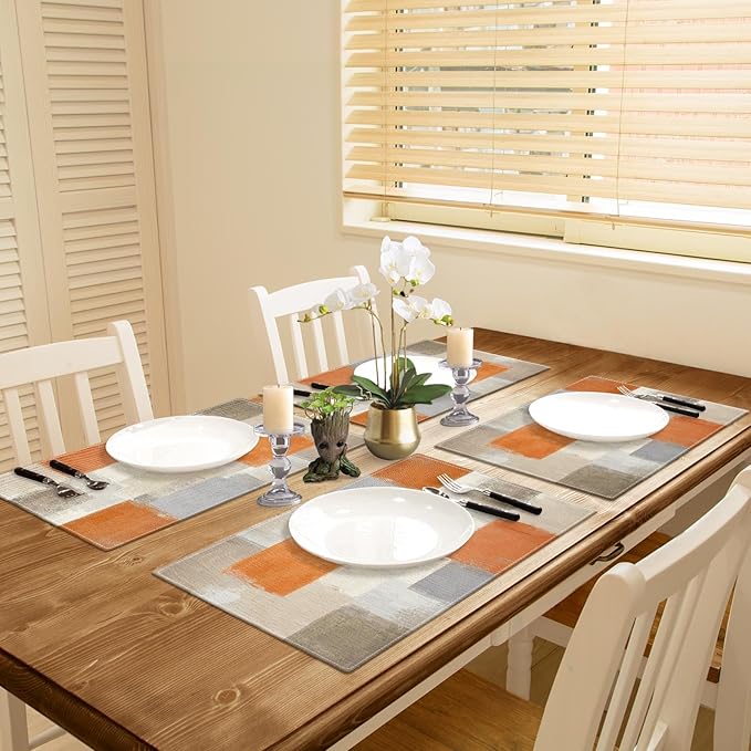 Emvency Farmhouse Placemats Set of 4, Vintage Orange and Grey Art Painting 12x18 Inch Abstract BeigeTable Mats for Outdoor Home Party Kitchen Dining Decoration