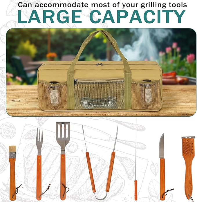 Grill Tool Storage Bag, Large Grill Utensil Storage Caddy with Pockets, BBQ Tools Storage Bag for Outdoor Camping(Brown)