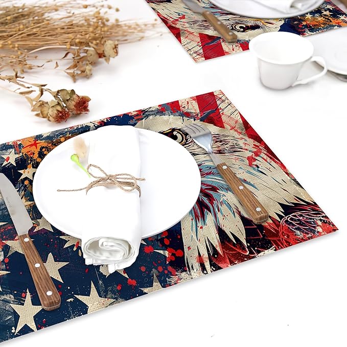 American Flag Placemats Set of 6,Bald Eagle Heat Resistant Table Mats Washable Place Mats for Party Kitchen Farmhouse Home Dining Holiday Decor 12x18 Inch