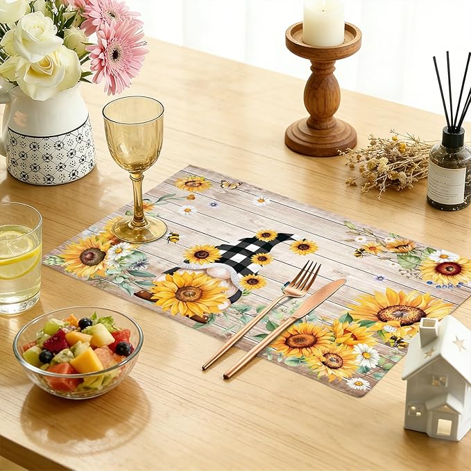 comfoyar Summer Sunflower Gnome Placemats Set of 4, 12x18 Inch Non-Slip Linen Daisy Floral Bee Place Mats, Washable Absorbent Table Mats for Kitchen Dining Party Table Decoration