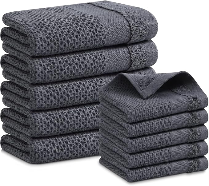 Homaxy Kitchen Towels and Dishcloths Set, 12 x 12 and 13 x 28 Inches, Set of 10 100% Cotton Waffle Weave Kitchen Towels, Super Soft and Absorbent Dish Cloths, Dark Grey