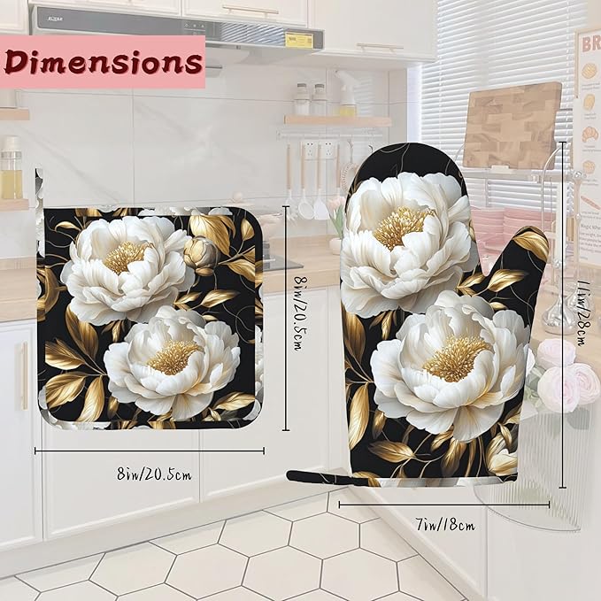 White Flowers Oven Mitts and Pot Holders (4PCS),Glitter Blooming Heat Resistant Non-Slip Silicone Kitchen Gloves for Cooking, Baking, BBQ Waterproof Kitchen Accessories
