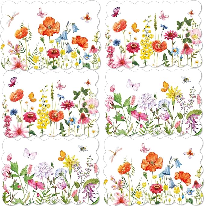 Spring Plastic Placemats Set of 6 Plastic Place Mats Watercolor Flowers Holiday Table Vinyl Placemats for Indoor Outdoor Summer Party Dining Table Decoration (Easily Wipes Clean)