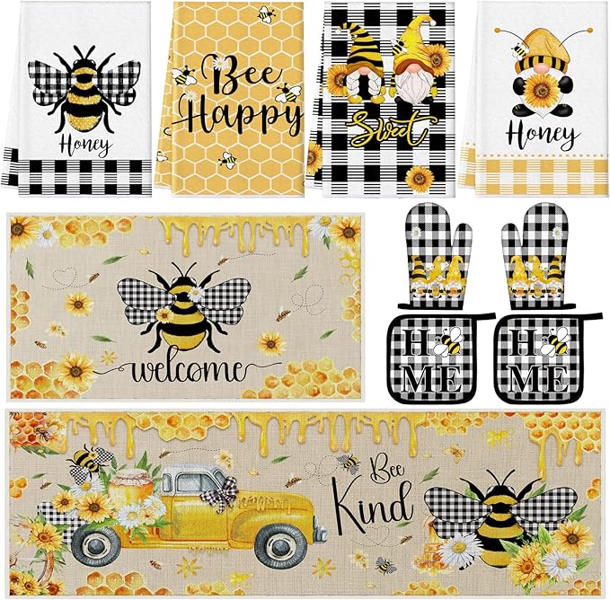 Fourluoo 10 Pcs Bee Kitchen Decor Sunflower Oven Mitts and Pot Holders Set Bee Dish Towels Rugs Mats Buffalo Plaid Farmhouse Kitchen Accessories for Chef Baking Cooking Grilling BBQ Women Home Gift