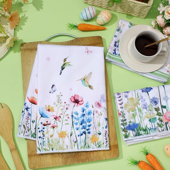 Oudaoudain Sets of 6 Spring Kitchen Towels Decor Floral Wildflower Hummingbirds Branches Dish Hand Tea Towels for Spring Party Holiday Supply Bathroom Housewarming Gift