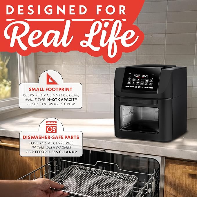 Gourmia Air Fryer - 14 Qt All-in-One Oven with Rotisserie, Digital Display with 12 Presets, Roast, Bake, Broil, Dehydrate, Dishwasher Safe Accessories, Black