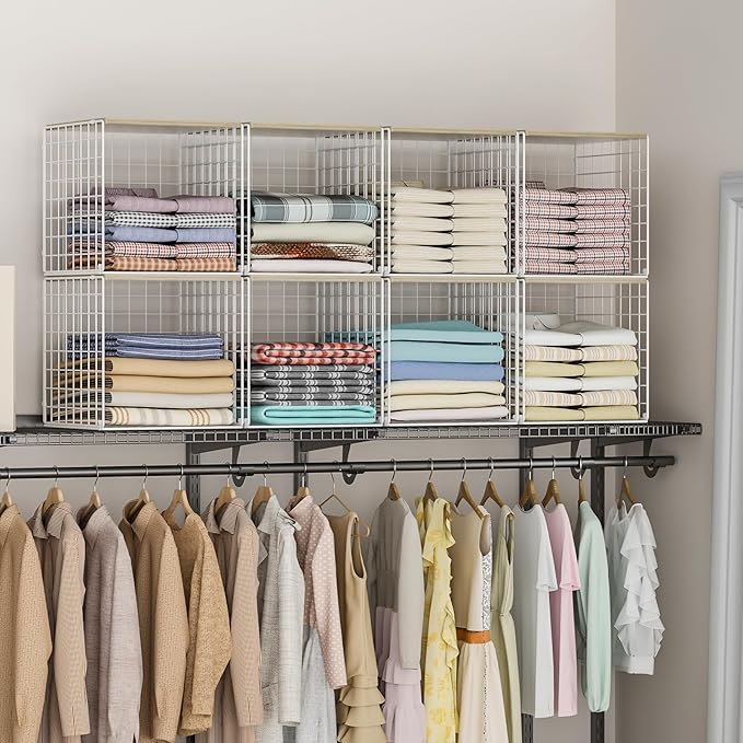 3PCS Stackable Closet Organizers and Storage, Closet Shelves with Wood Top Extra Storage, Clothes Storage Organizer Basket Bin/Cube for Home Wardrobe Organization(White-Sturdy Metal) Patent Pending