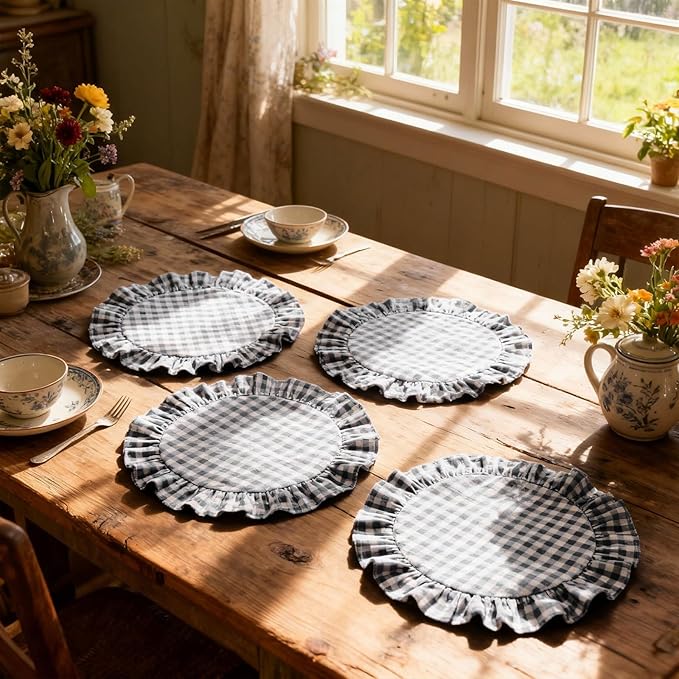 4 Pcs 15 Inch 100% Cotton Scalloped Round Placemats, Thin Black & White Gingham Place Mats with Ruffle, Washable Placemats Table Mats for Kitchen Dining Holiday Gatherings Decor