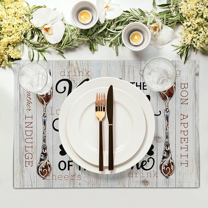 Giwawa The Kitchen is The Heart of The Home Placemats Set of 4, Farmhouse Vintage Style Cooking Sets Linen Washable Table Place Mats 12x18 Inch for Kitchen Dining Party Indoor Outdoor Decor