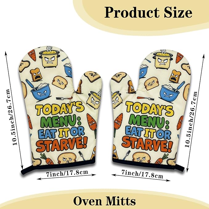 Funny Oven Mitts and Pot Holders Set of 3, Today's Menu Eat It or Starve, Heat Resistant Non-Slip Kitchen Mitts Hot Pads, Humor Kitchen Decor Gifts for Women Men Chef Friend Cooking Lovers