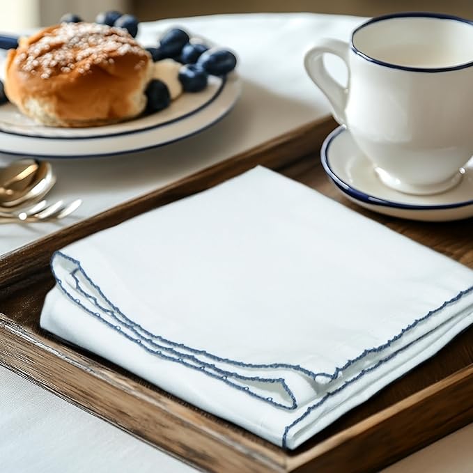 COTTON CRAFT Cloth Napkins - Set of 12 Soft Cotton 17x17 Inch White Dinner Napkins with Blue Border Trim – Absorbent Reusable Fabric Serviettes for Table Settings, Parties, Everyday Use