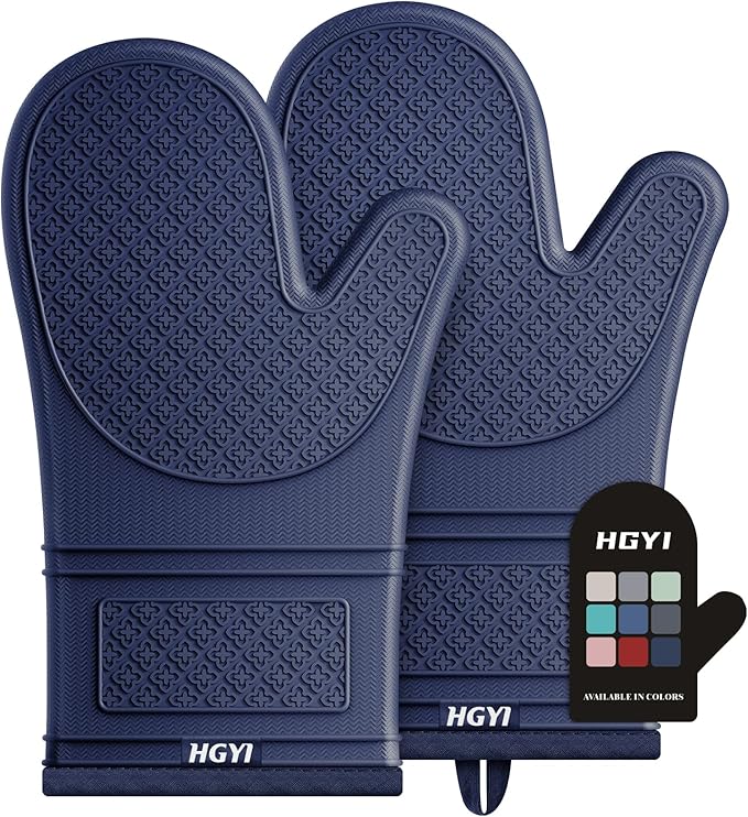 Silicone Oven Mitts, Heat Resistant Oven Gloves with Quilted Liner, Waterproof & Non-Slip Kitchen Mittens for Baking Cooking BBQ, 500°F, 12.5"-Ink Blue