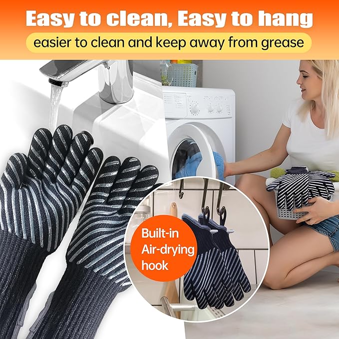 HandLove BBQ Gloves, Oven Gloves with Fingers –1472℉ Heat Resistant Gloves for Grilling | Aramid Retardant Non-Slip Grip, Bamboo-Lining Fire, Black,M