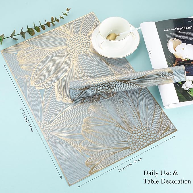 Gold Placemats Set of 6 Rectangle Pressed Vinyl Table Mats Heat Resistant Non-Slip Washable Wipeable Place Mats for Dining Table Indoor Outdoor Flower Dinner Placemats
