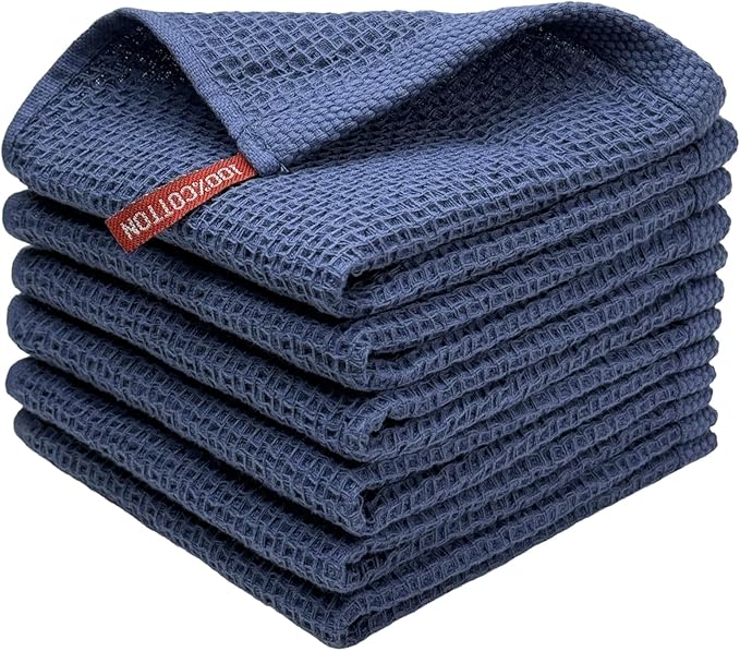 100% Cotton Waffle Weave Kitchen Towels, 6 Pack Dish Cloths for Washing Dishes, Ultra Soft Absorbent Dish Towels, Quick Drying Kitchen Rags, 12x12 Inches, Dark Blue