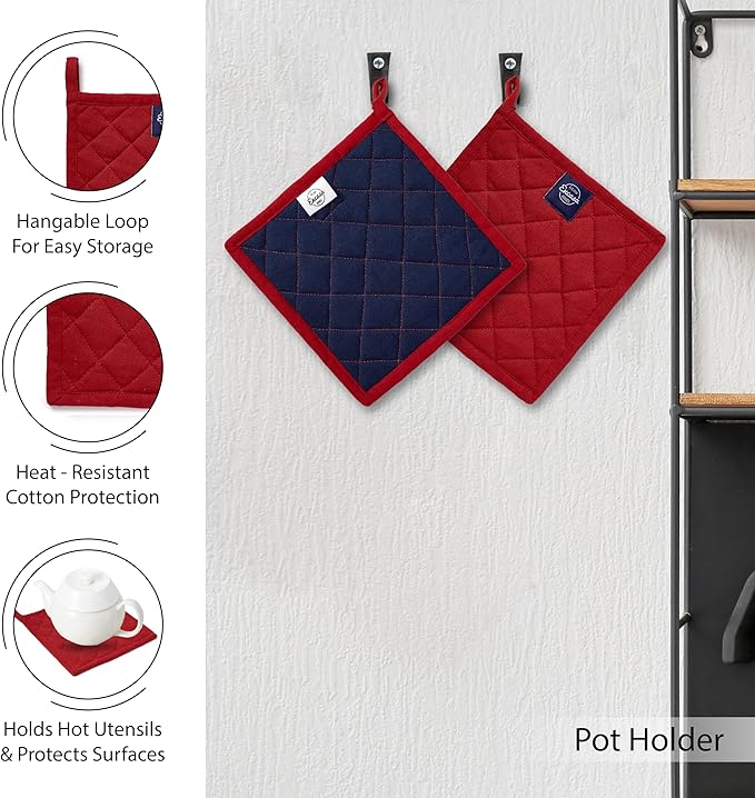Encasa XO Kitchen and Dish Towels - Oven Mitts - Pot Holder Set of 12 Pc - Pure Cotton - Dishcloths Red Combo