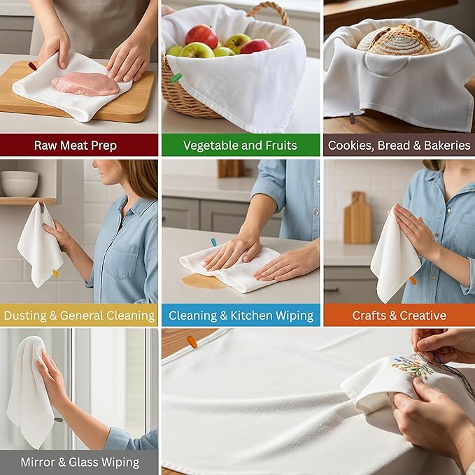 Flour Sack Towels| Tea Towel for Crafts| Kitchen Towels Cotton Blank Towel for Embroidery Baking Bread Proofing Linen Cover | Super Absorbent Dish Towels with Color Hanging Loops 7 Pack 18"x28" White